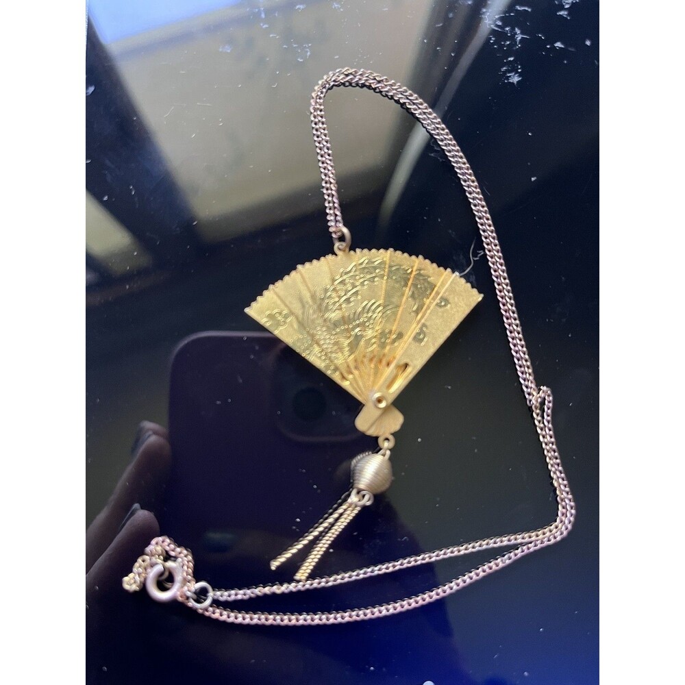 Vintage 70s 80s Chinese Gold Fan Pendant Necklace Dragon Phoenix